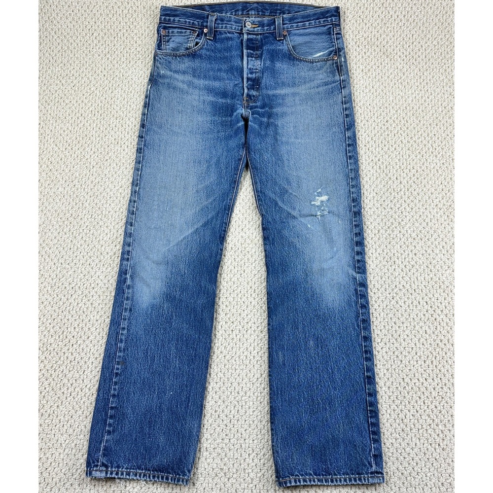 Levis 501 Jeans 36x34 (Fits 35x33) Blue Straight Leg Button Fly Distressed Denim